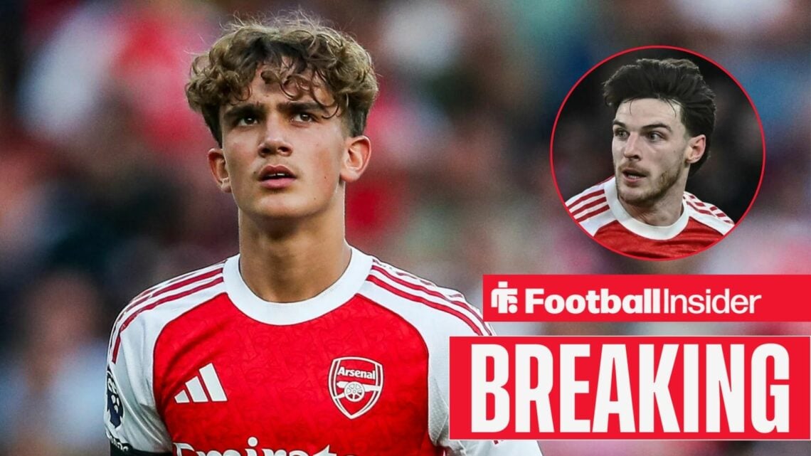 Arsenal starlet Max Dowman glances towards a circular inset, where Declan Rice is in action during a game.