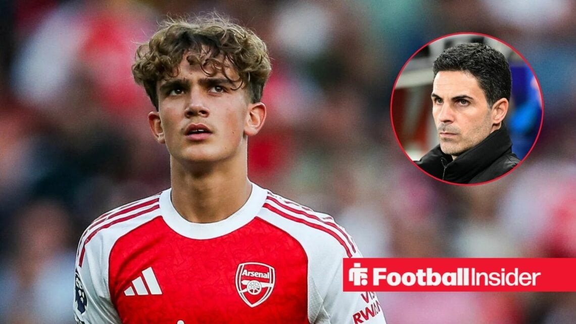 Max Dowman in action for Arsenal, with Mikel Arteta in a circular inset