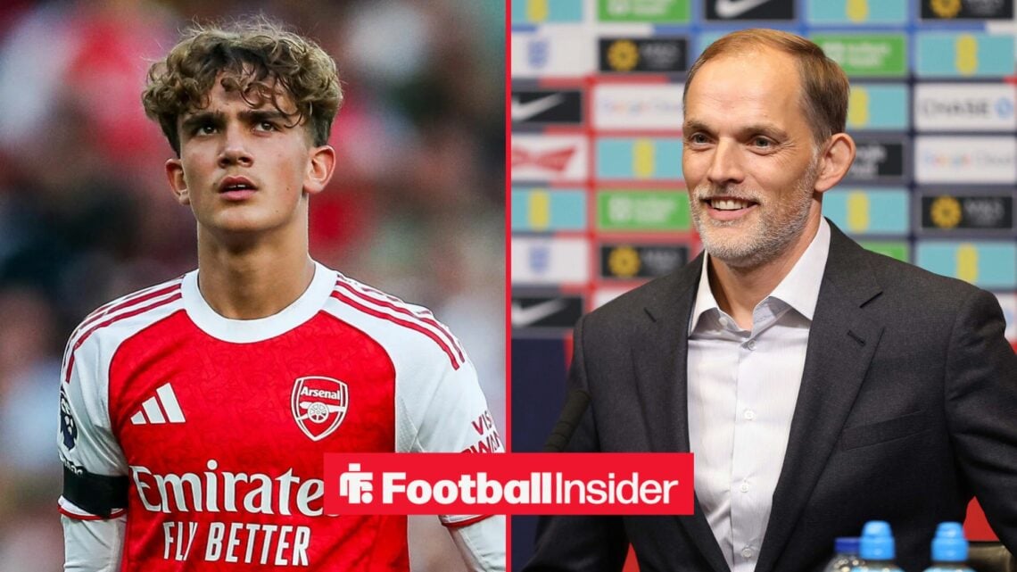 Arsenal starlet Max Dowman in action during a game, as England manager Thomas Tuchel smiles in a press conference on the other side of a split image.