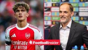 Arsenal starlet Max Dowman in action during a game, as England manager Thomas Tuchel smiles in a press conference on the other side of a split image.