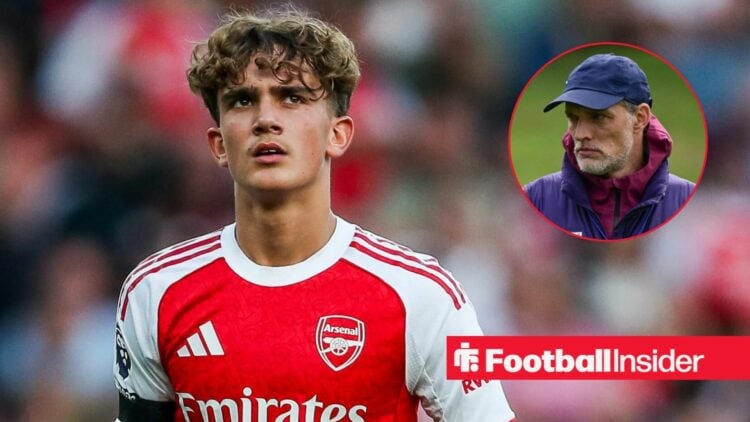 Arsenal starlet Max Dowman glances towards England manager Thomas Tuchel, who wears a cap in a circular inset.