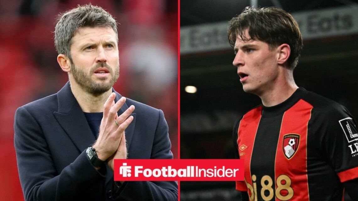 Manchester United manager Michael Carrick applauds, as Bournemouth midfielder Alex Scott is in action on the other side of a split image.