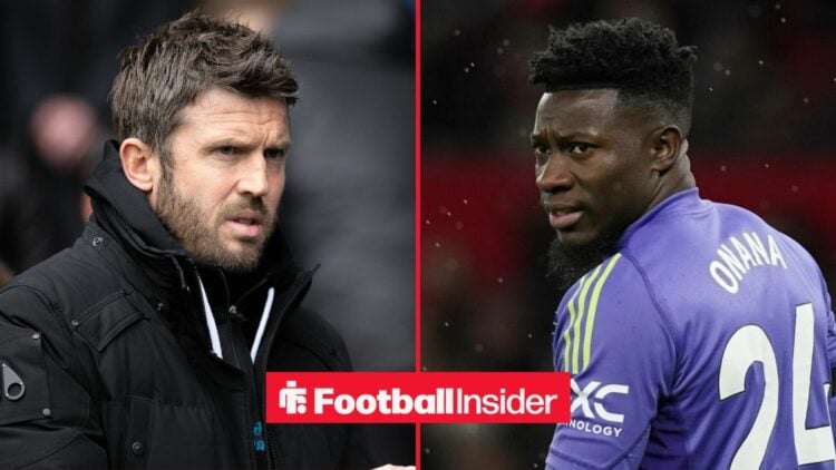 Manchester United interim manager Michael Carrick stares across a split image towards goalkeeper Andre Onana, who is in action during a game.