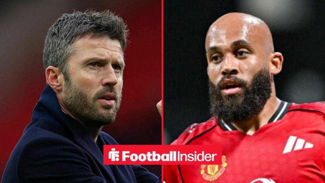 MIchael Carrick on the sidelines at Man United, with Bryan Mbeumo in action