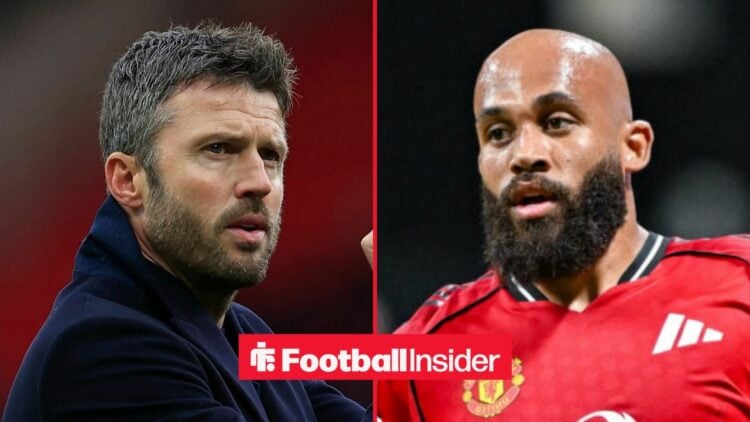 MIchael Carrick on the sidelines at Man United, with Bryan Mbeumo in action