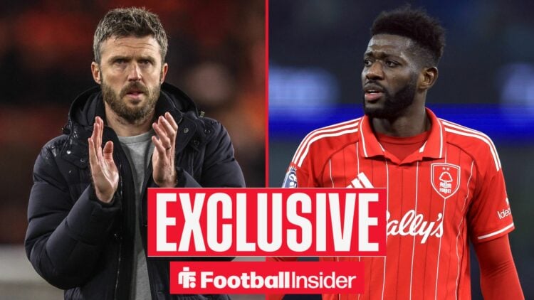 Football Insider exclusive as Manchester United manager Michael Carrick applauds, while Nottingham Forest midfielder Ibrahim Sangare is in action o...