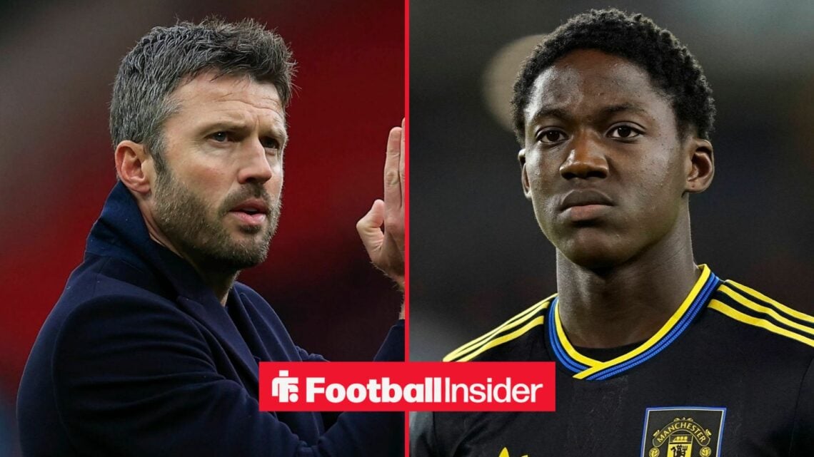 Michael Carrick on the sidelines with Kobbie Mainoo in action for Man United