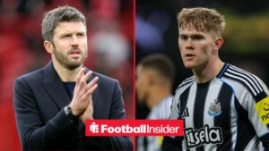 Manchester United manager Michael Carrick applauds after a game, as Newcastle defender Lewis Hall is in action on the other side of a split image.