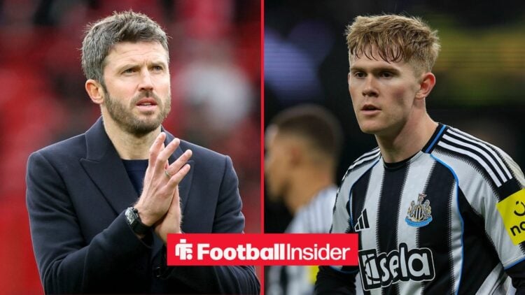 Manchester United manager Michael Carrick applauds after a game, as Newcastle defender Lewis Hall is in action on the other side of a split image.