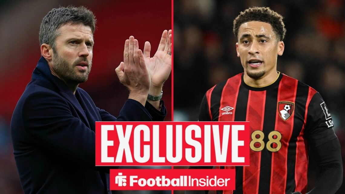 Football Insider exclusive as Manchester United manager Michael Carrick applauds, while Marcus Tavernier is in action for Bournemouth on the other ...
