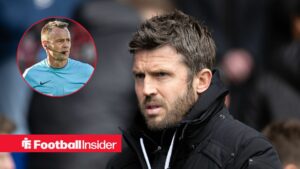 Michael Carrick on the sidelines at Man United, with Stuart Attwell in a circular inset