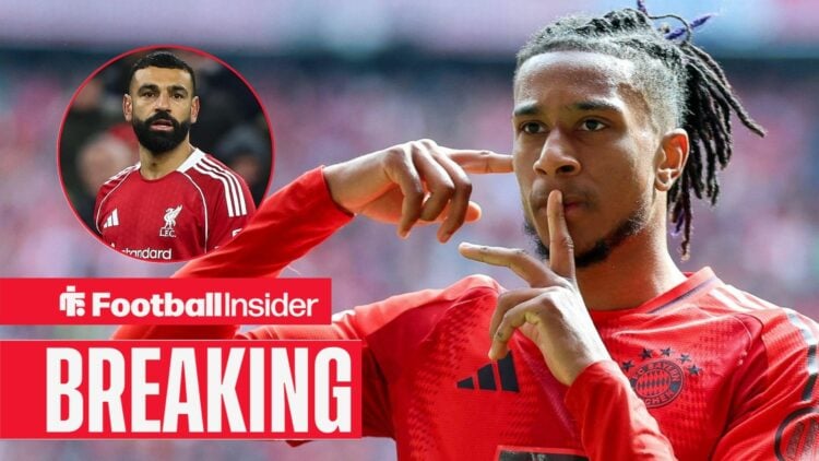 Bayern Munich star Michael Olise celebrating / Mohamed Salah of Liverpool. - Liverpool v Qarabag FK, UEFA Champions League, League Phase, Anfield S...