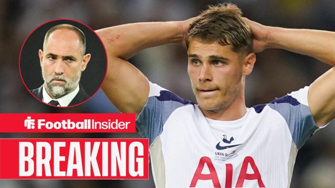 Micky van de Ven in action for Tottenham, with Igor Tudor in a circular inset