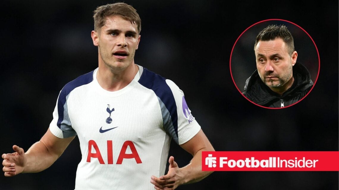 Tottenham defender Micky van de Ven in action during a game, as Roberto De Zerbi watches from a circular inset.