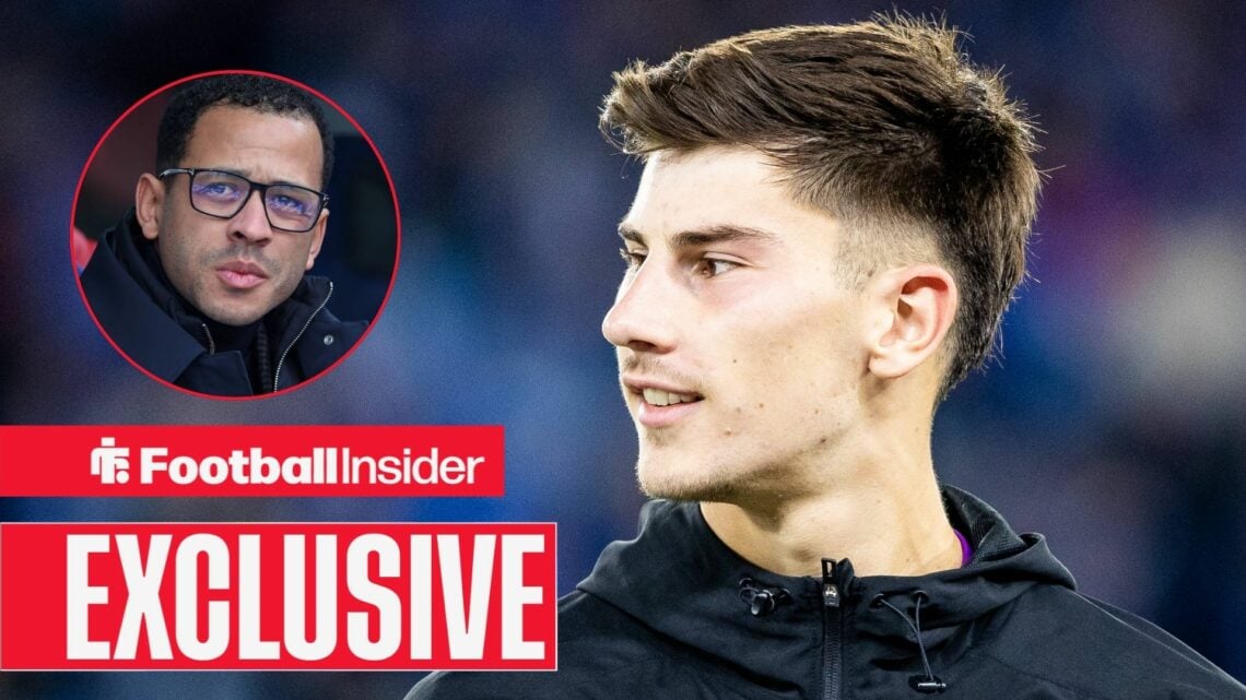 Football Insider exclusive as Mike Penders smiles towards a circular inset, where Chelsea manager Liam Rosenior watches on.