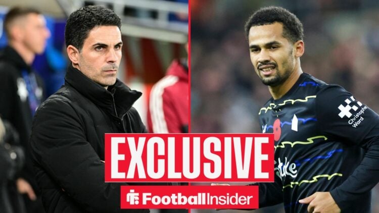Football Insider exclusive as Arsenal manager Mikel Arteta stares across a split image towards Iliman Ndiaye, who is in action during a game for Ev...