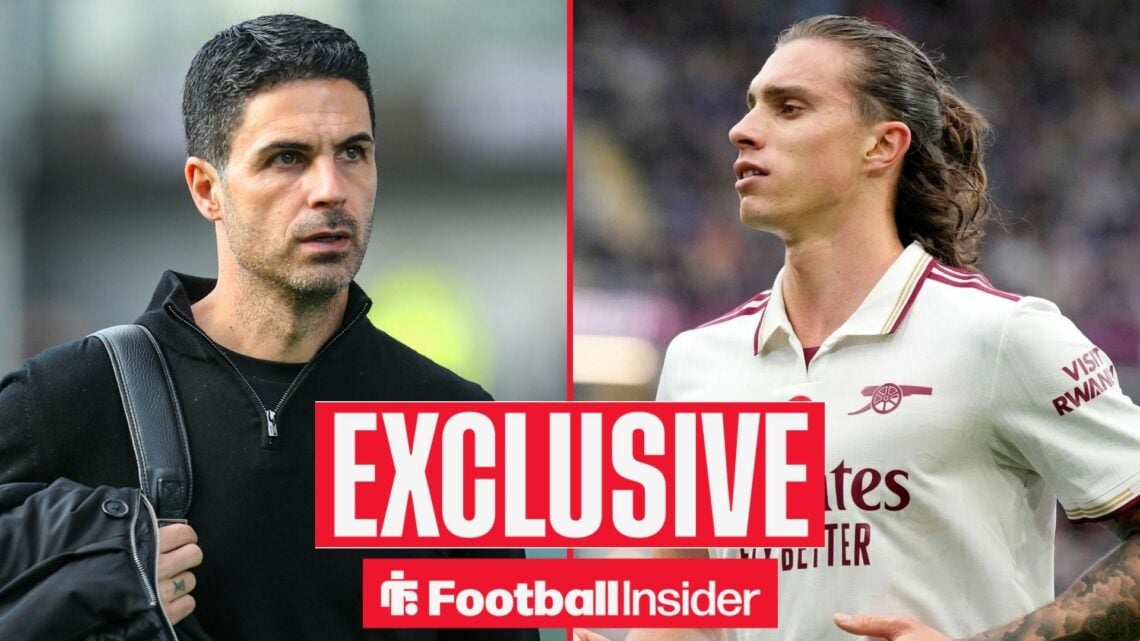 Football Insider exclusive as Arsenal manager Mikel Arteta looks across a split image towards Riccardo Calafiori, who is in action during a game.