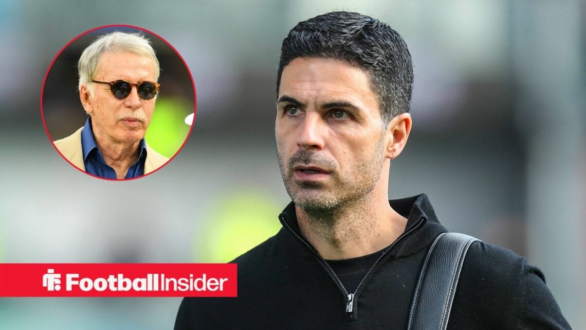 Mikel Arteta with Stan Kroenke included in a circular inset