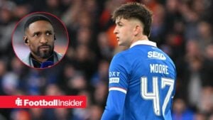 Mikey Moore in action during a game for Rangers, as former Tottenham striker Jermain Defoe watches from a circular inset.