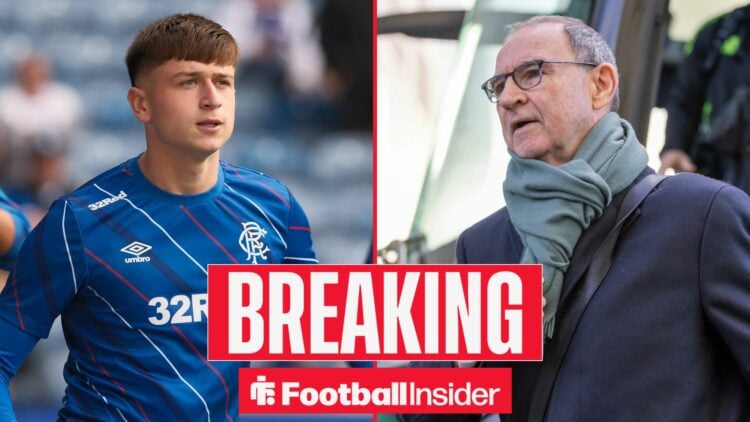 Mikey Moore warms up for Rangers in one half of a split image, as Celtic manager Martin O'Neill features on the right.