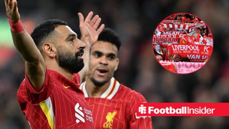 Mohamed Salah of Liverpool celebrates his goal to make it 2-1 Liverpool during the Premier League match Liverpool vs Brighton and Hove Albion at An...