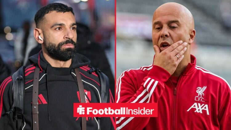 Liverpool winger Mohamed Salah arrives at a game, while manager Arne Slot has his hand over his face on the other side of a split image.