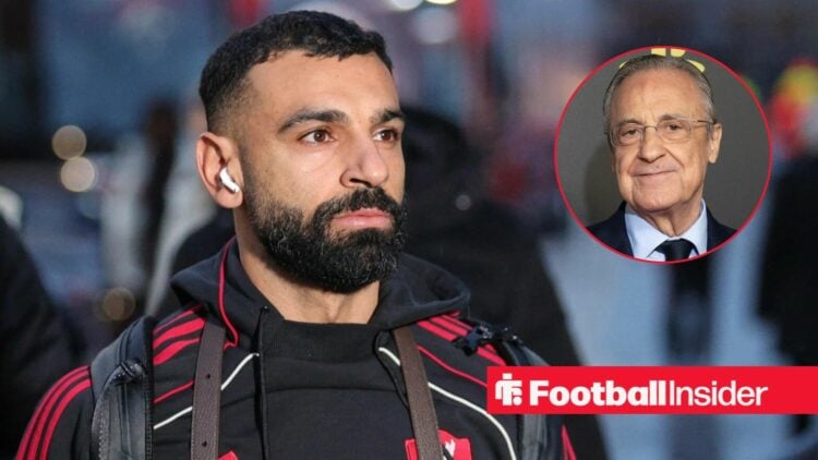Mohamed Salah pre-match for Liverpool, with Florentino Perez in a circular inset
