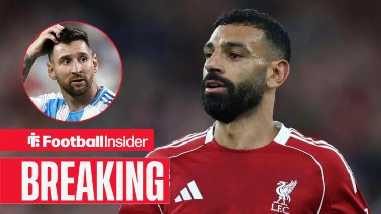 Mohamed Salah in action for Liverpool, with Lionel Messi in a circular inset