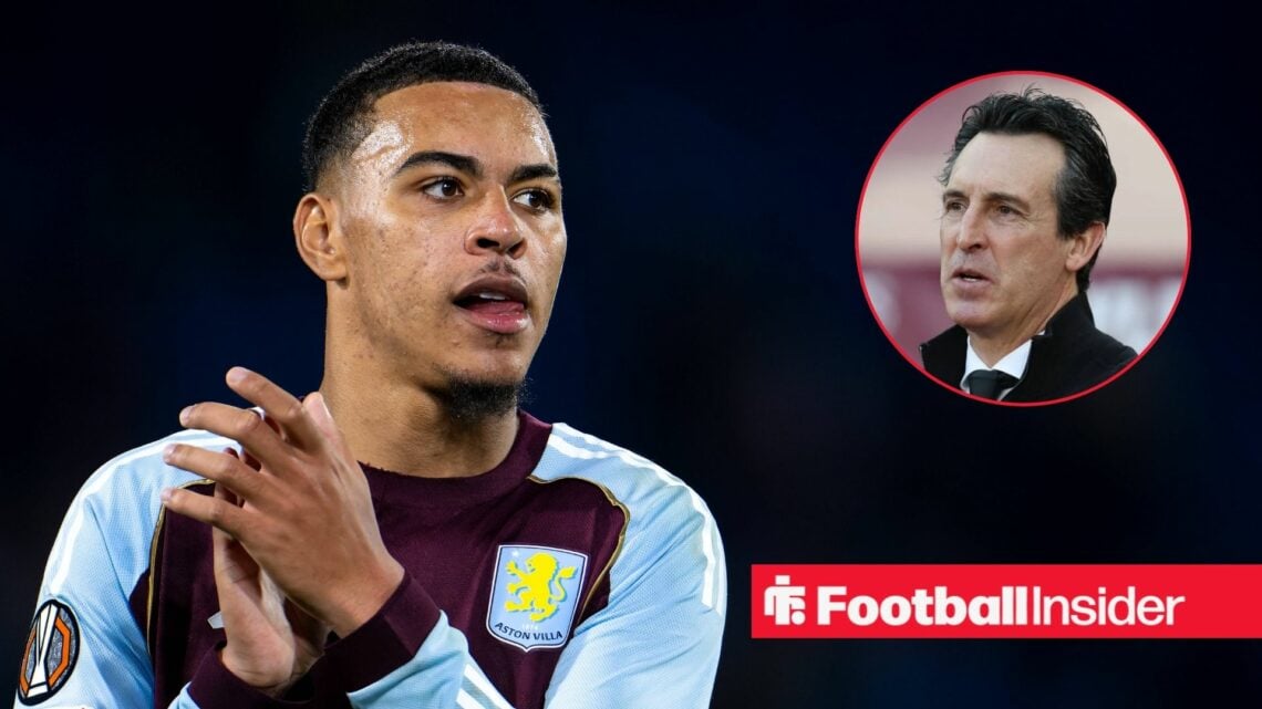 Morgan Rogers in action for Aston Villa, with Unai Emery in a circular inset