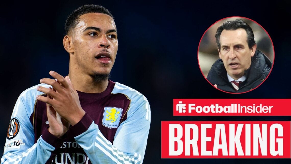 Morgan Rogers in action for Aston Villa, with Unai Emery in a circular inset