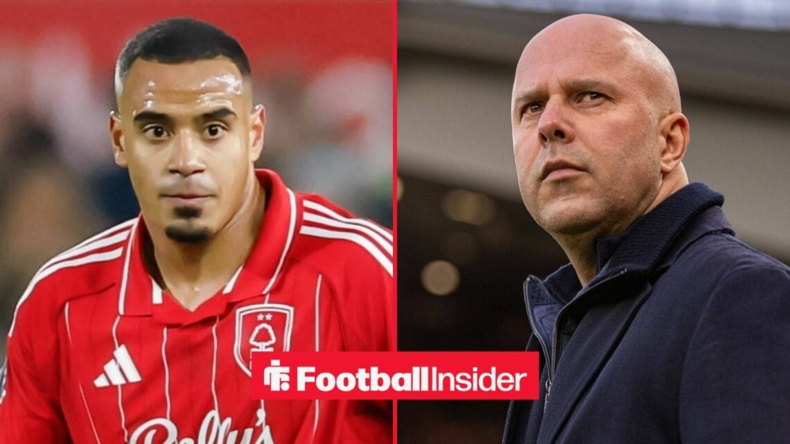 Murillo in action for Nottingham Forest, with Arne Slot on the sidelines at Liverpool