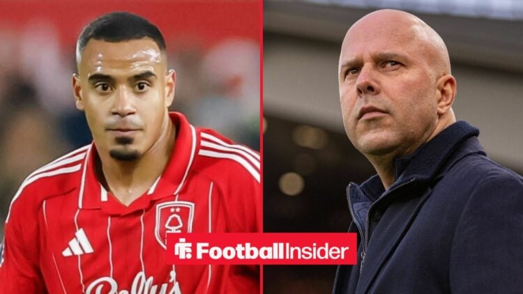 Murillo in action for Nottingham Forest, with Arne Slot on the sidelines at Liverpool