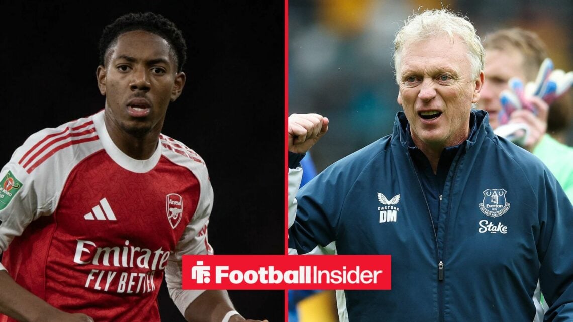 Arsenal defender Myles Lewis-Skelly in action during a game, as Everton manager David Moyes punches the air on the other side of a split image.