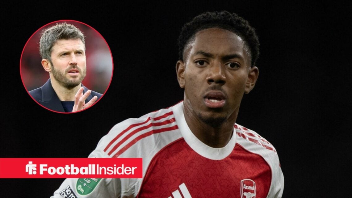 Myles Lewis-Skelly in action for Arsenal, with Michael Carrick in a circular inset