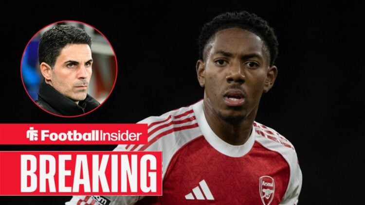 Myles Lewis-Skelly in action for Arsenal, with Mikel Arteta in a circular inset