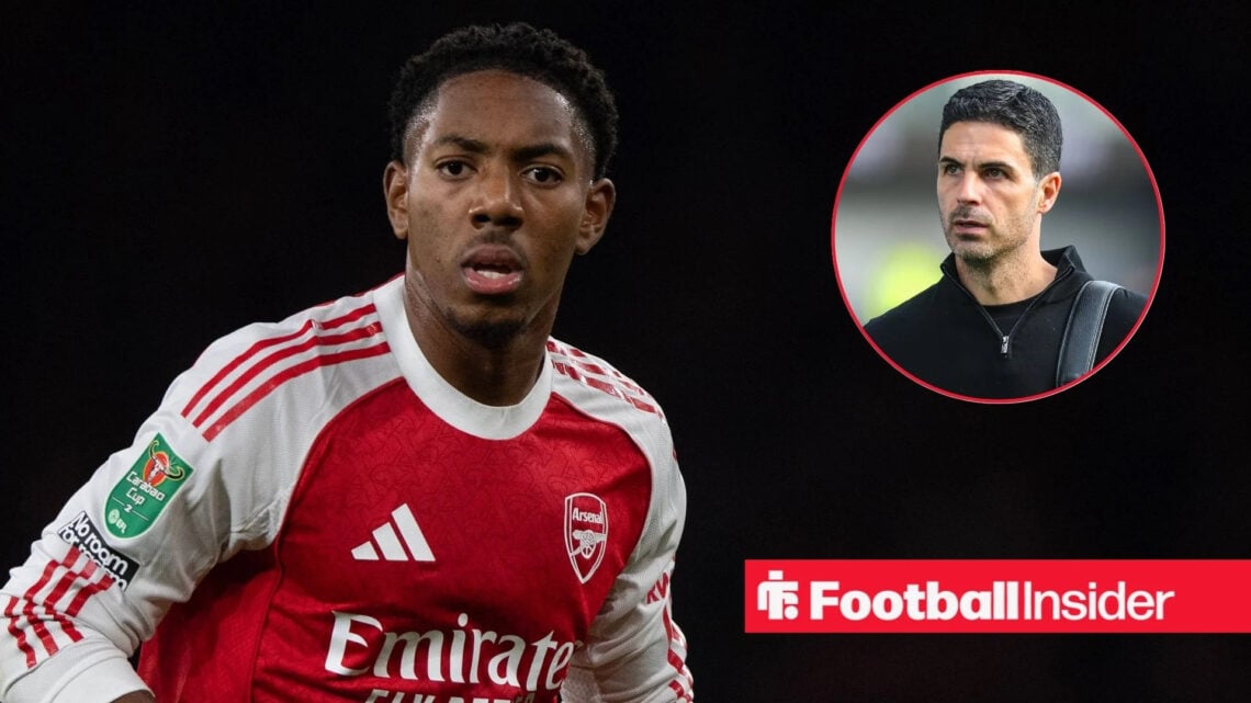 Myles Lewis-Skelly playing for Arsenal, Mikel Arteta in a circular inset