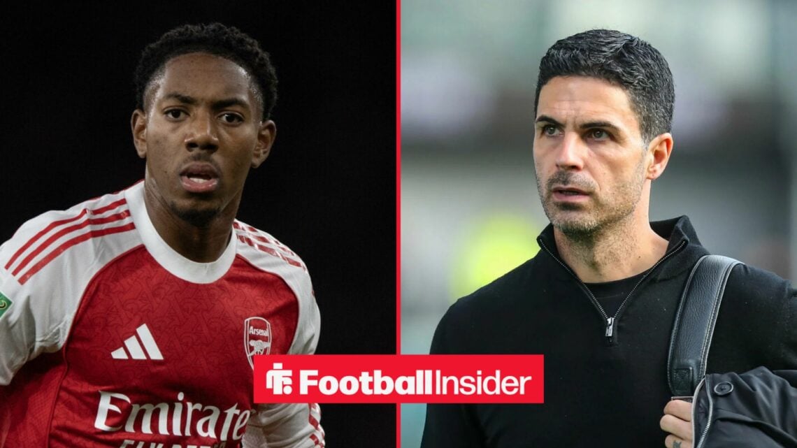 Myles Lewis-Skelly in action for Arsenal, with Mikel Arteta in a circular inset