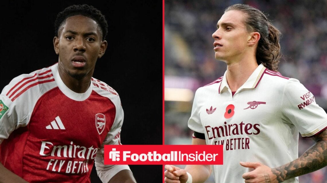 Arsenal defenders Myles Lewis-Skelly and Riccardo Calafiori in action on either side of a split image.