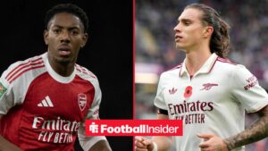 Arsenal defenders Myles Lewis-Skelly and Riccardo Calafiori in action on either side of a split image.