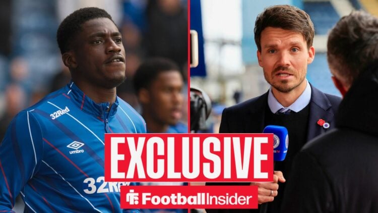 Football Insider exclusive as Rangers defender Nasser Djiga warms up for a game, while manager Danny Rohl is interviewed on the other side of a spl...