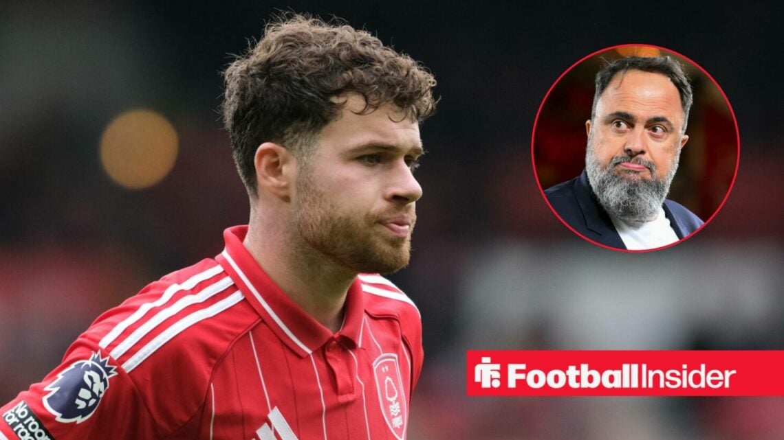 Neco Williams in action for Nottingham Forest, with Evangelos Marinakis in a circular inset