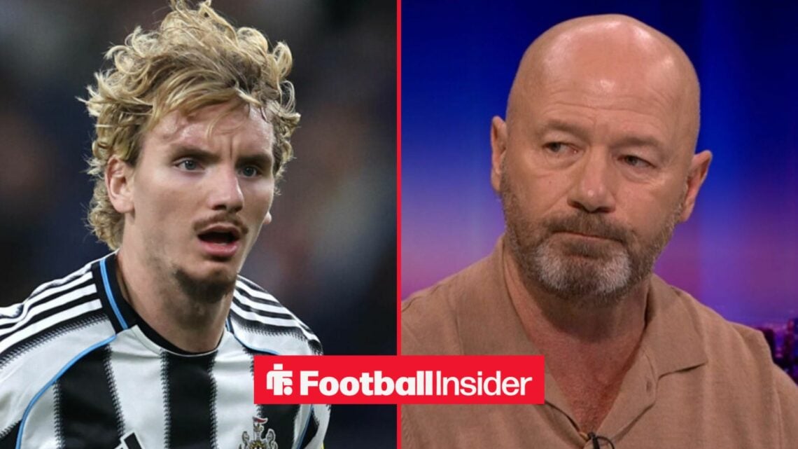 Newcastle striker Nick Woltemade stares across a split image towards Alan Shearer, who sits in the Match of the Day studio.