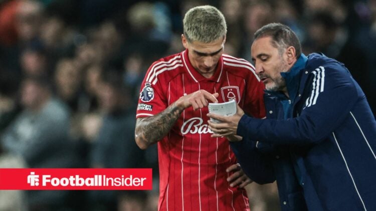 Premier League Vitor Pereira, manager of Nottingham Forest, gives instructions to Nicolas Dominguez of Nottingham Forest during the Premier League ...