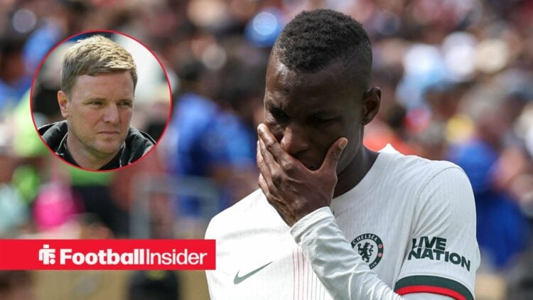 Nicolas Jackson in action for Chelsea, with Eddie Howe in a circular inset