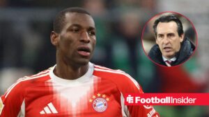 Nicolas Jackson in action for Bayern Munich, with Unai Emery in a circular inset