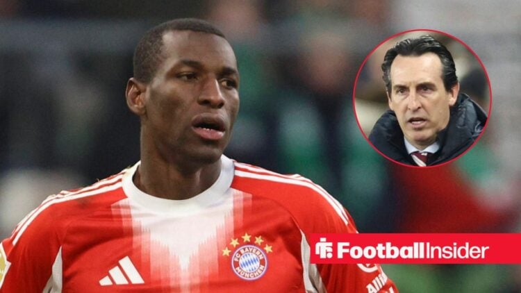 Nicolas Jackson in action for Bayern Munich, with Unai Emery in a circular inset