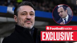 Football Insider exclusive as Borussia Dortmund manager Niko Kovac smiles, while Tottenham chief executive Vinai Venkatesham watches from a circular inset.