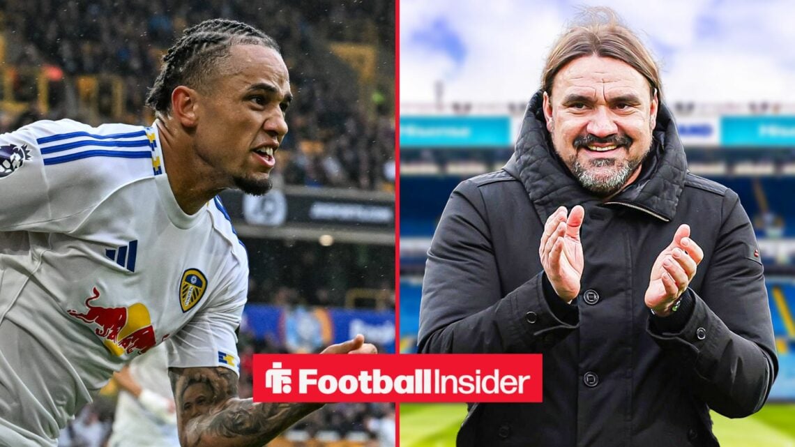 Noah Okafor celebrates a goal for Leeds United, as manager Daniel Farke applauds on the other side of a split image.