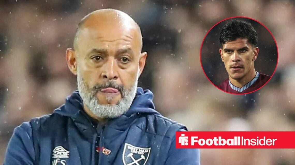 Nuno Espirito Santo on the sidelines at West Ham, with Mateus Fernandes in a circular inset