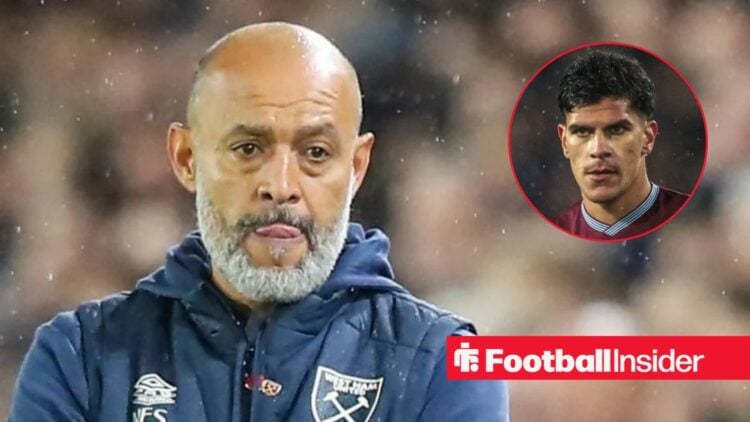 Nuno Espirito Santo on the sidelines at West Ham, with Mateus Fernandes in a circular inset